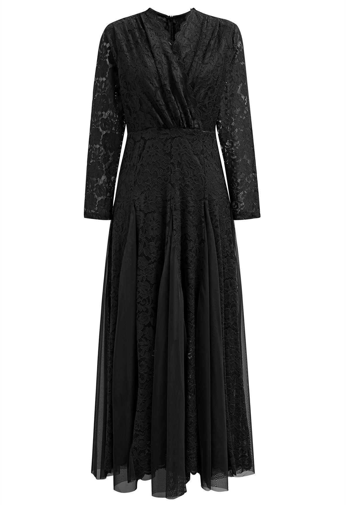 Floral Lace Mesh Panelled Maxi Dress in Black