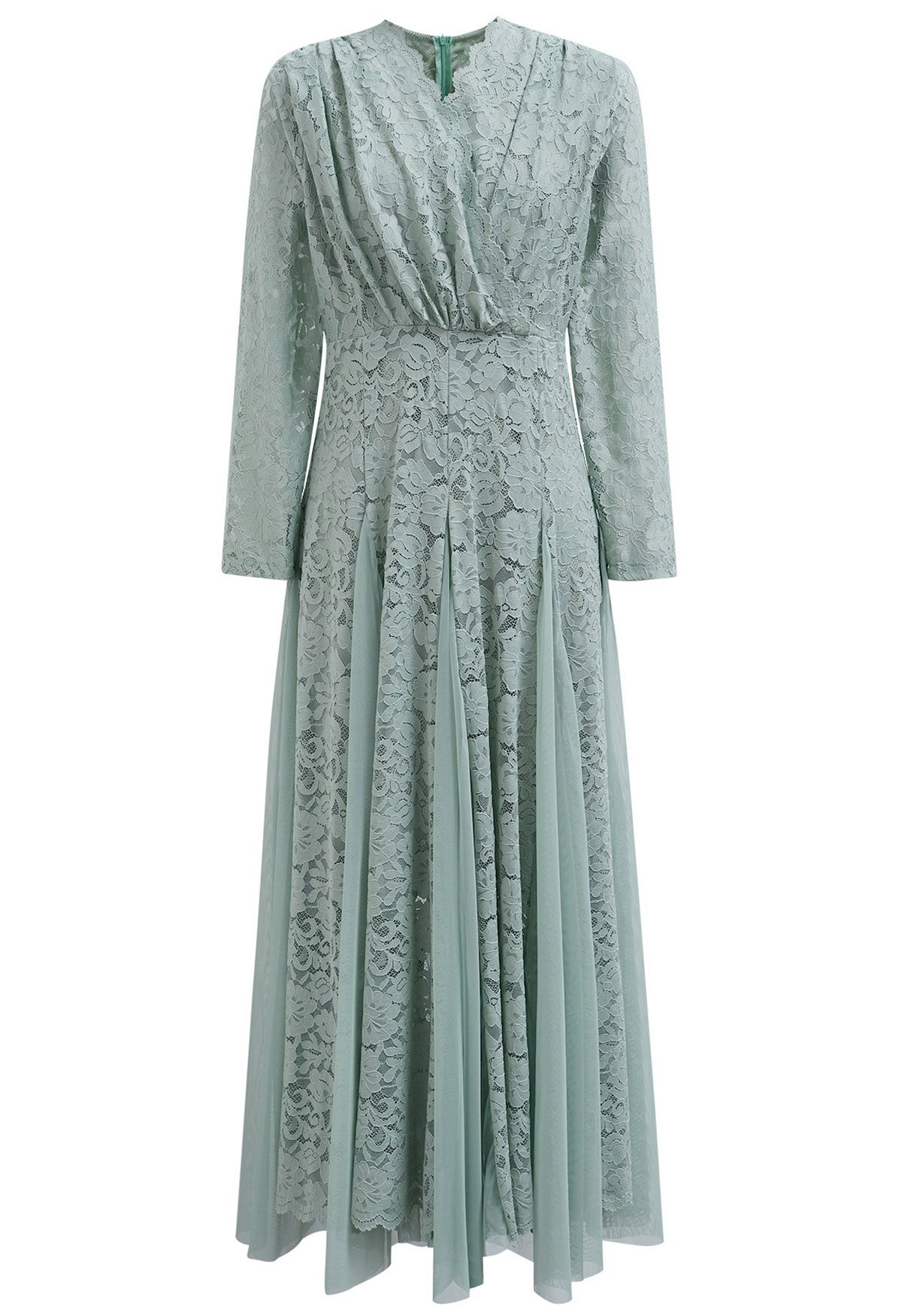 Floral Lace Mesh Panelled Maxi Dress in Pea Green