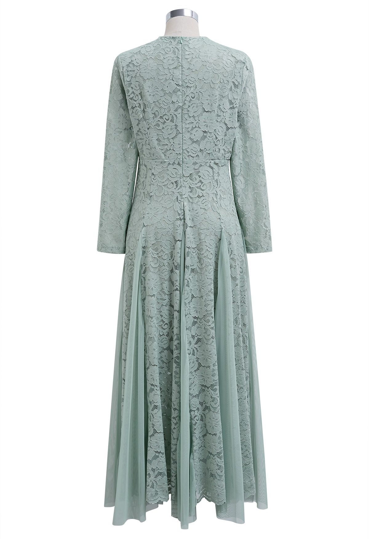 Floral Lace Mesh Panelled Maxi Dress in Pea Green