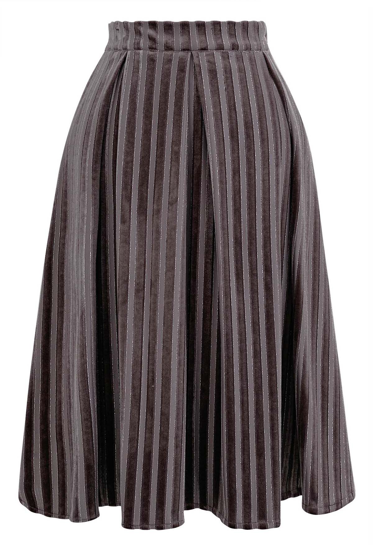 Shimmer Striped Pleated Velvet Midi Skirt in Brown