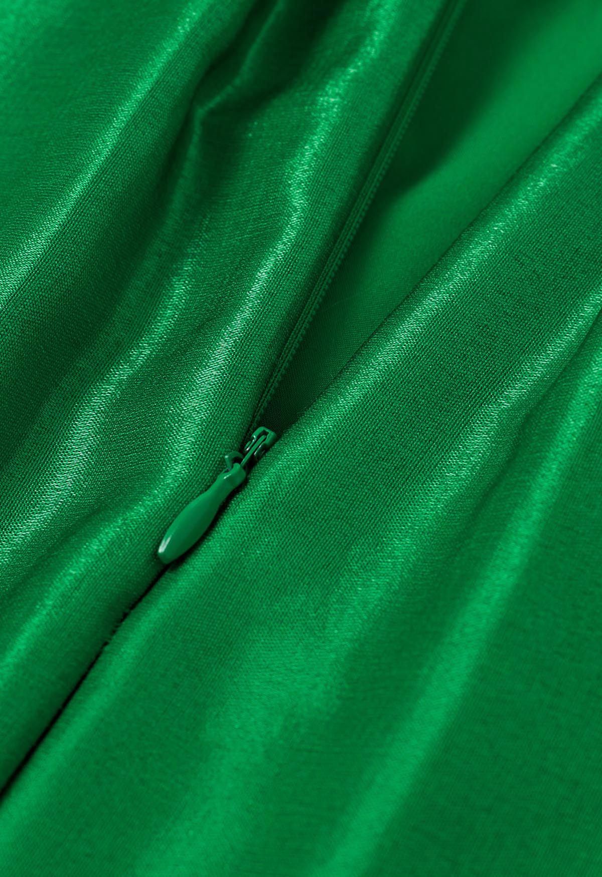 Lustrous Pleated Midi Skirt in Green