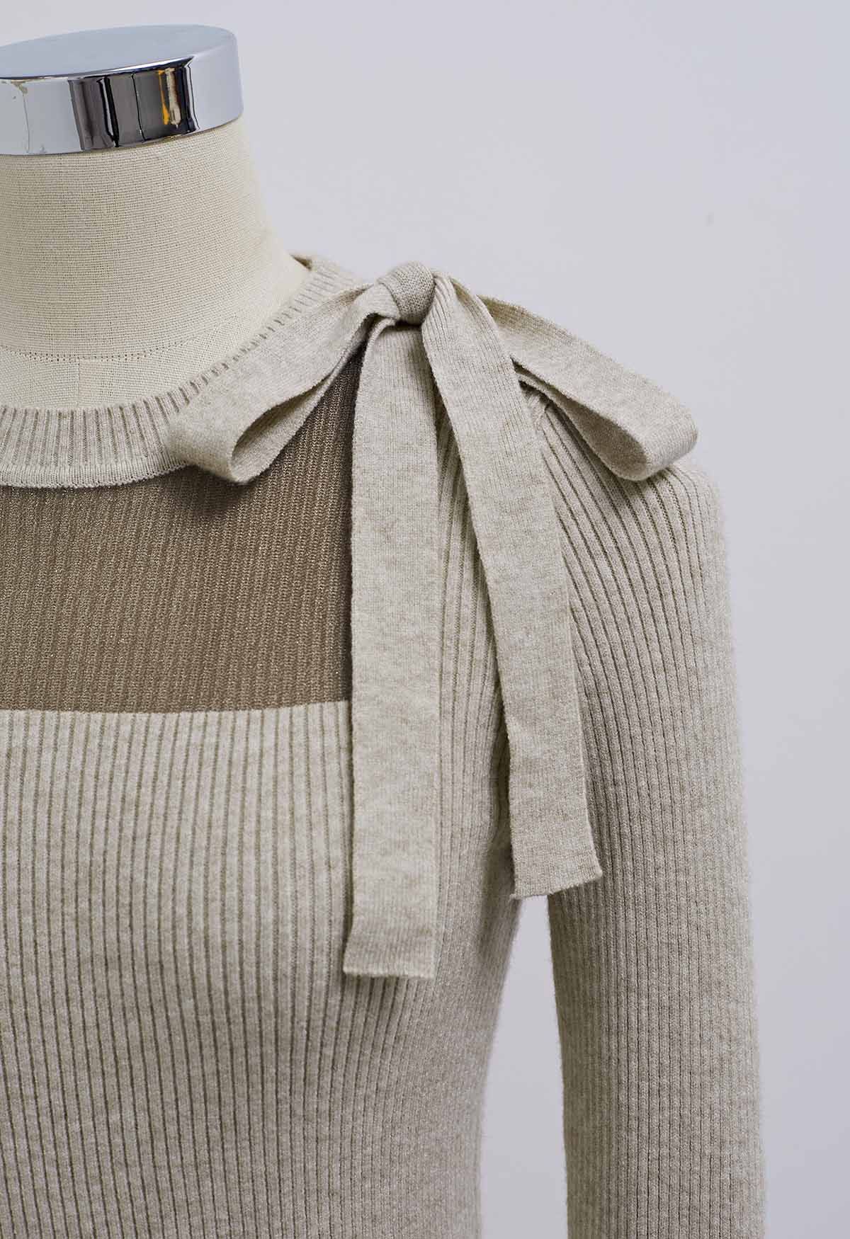 Mesh Inserted Side Bowknot Fitted Knit Top in Taupe