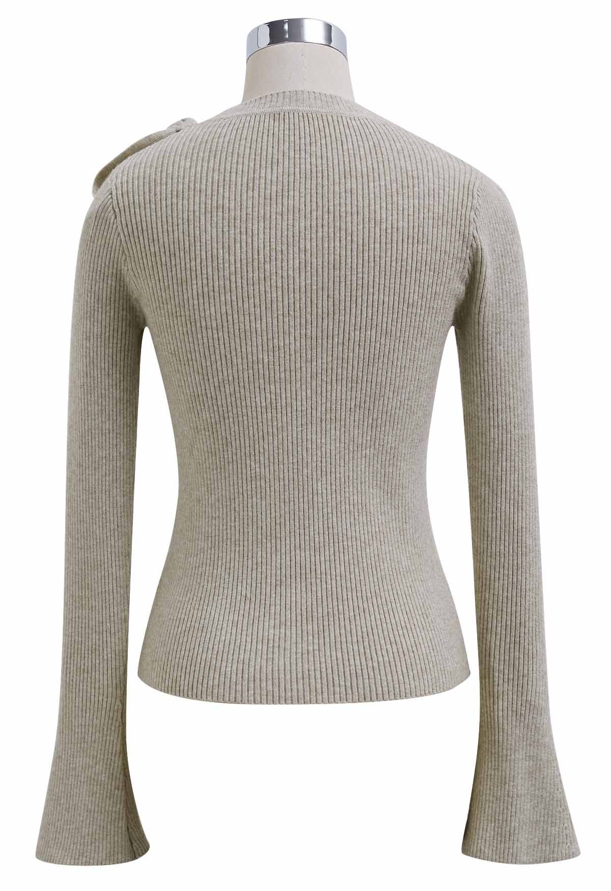 Mesh Inserted Side Bowknot Fitted Knit Top in Taupe