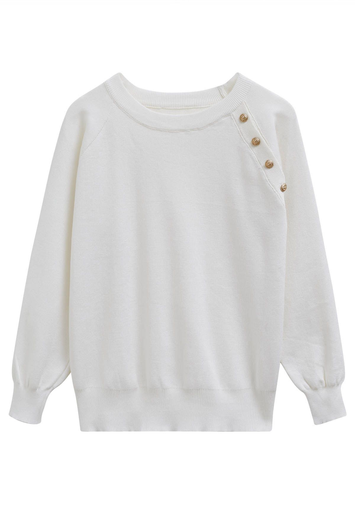 Solid Color Golden Buttoned Knit Top in Ivory