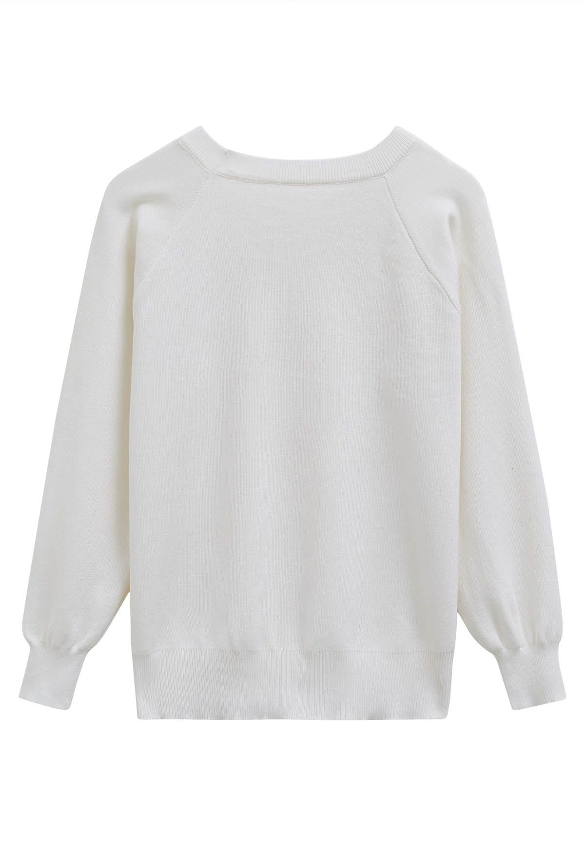 Solid Color Golden Buttoned Knit Top in Ivory