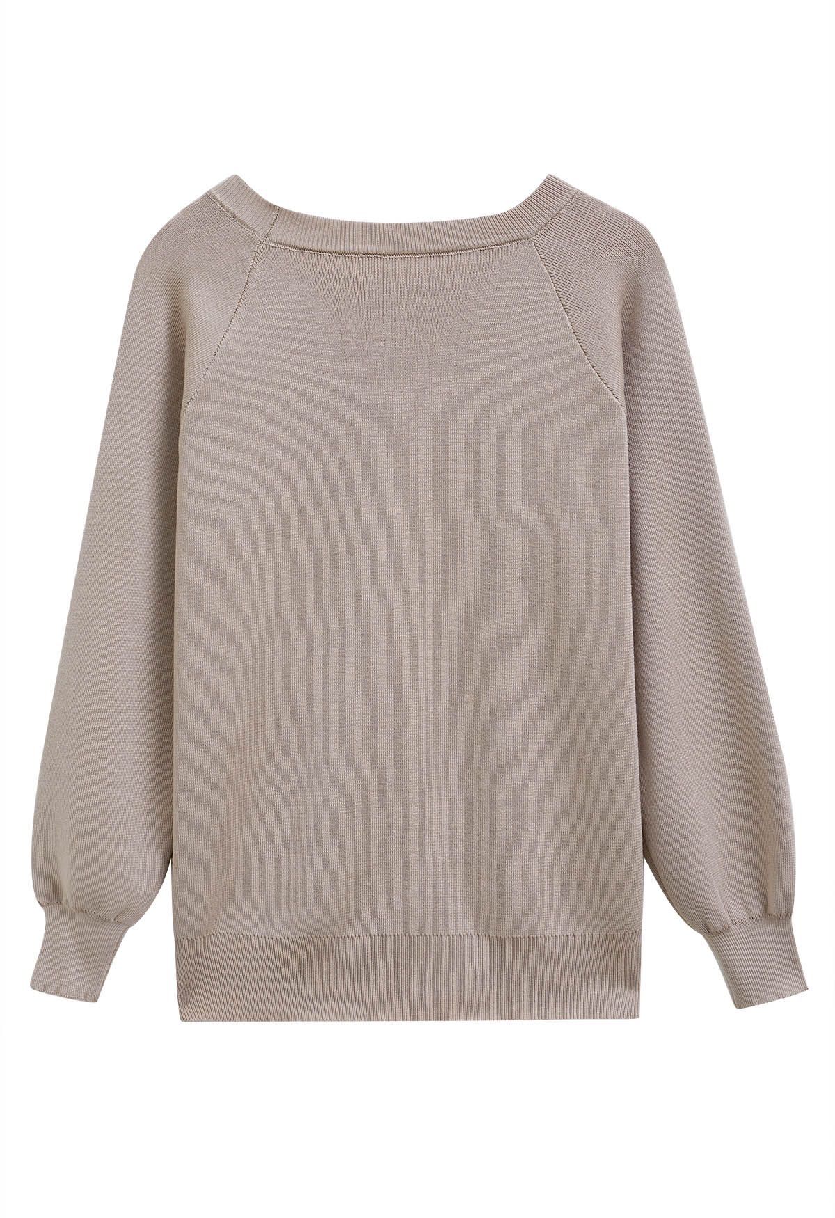 Solid Color Golden Buttoned Knit Top in Taupe