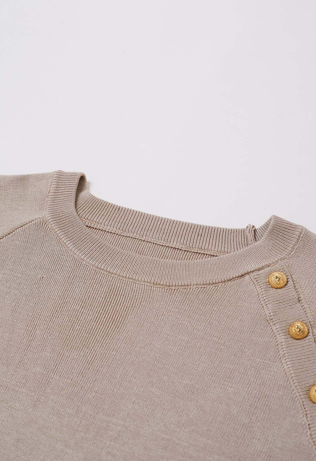 Solid Color Golden Buttoned Knit Top in Taupe