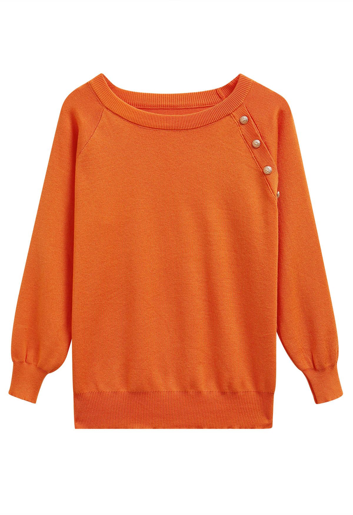 Solid Color Golden Buttoned Knit Top in Orange