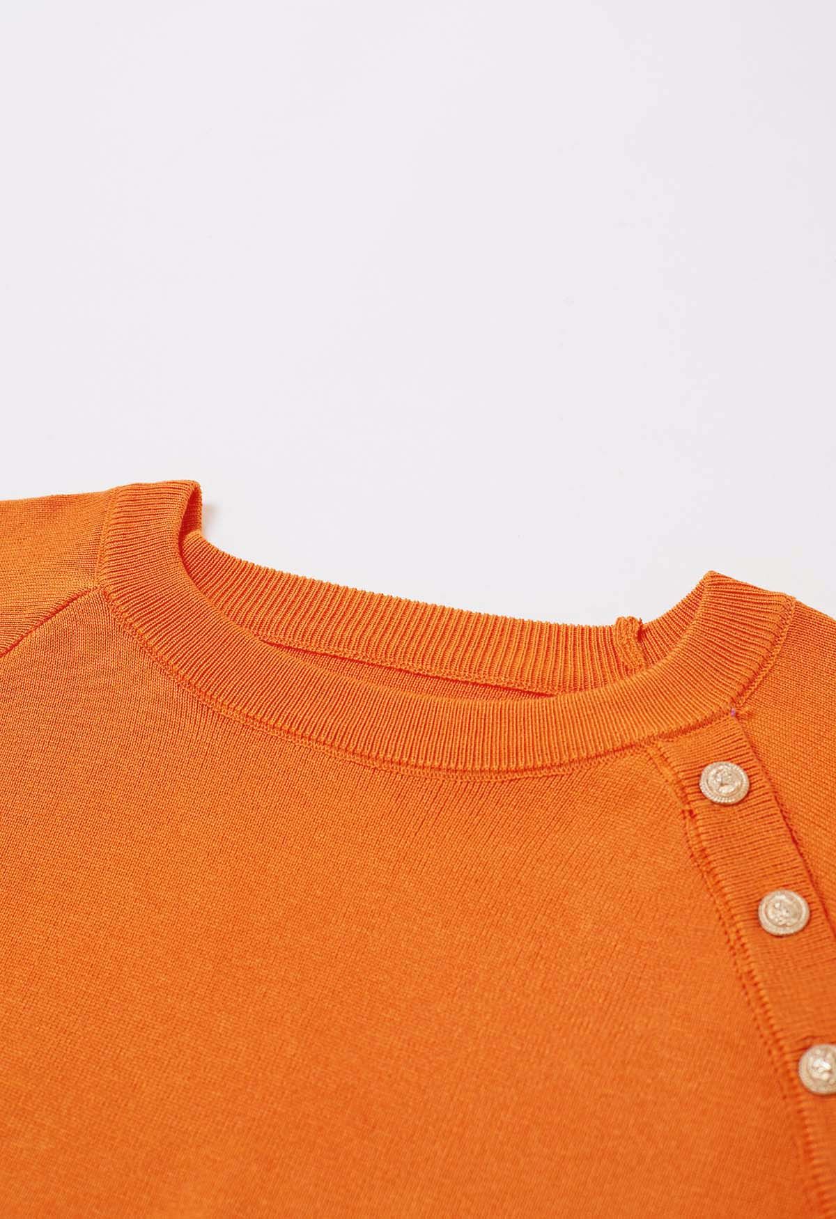 Solid Color Golden Buttoned Knit Top in Orange