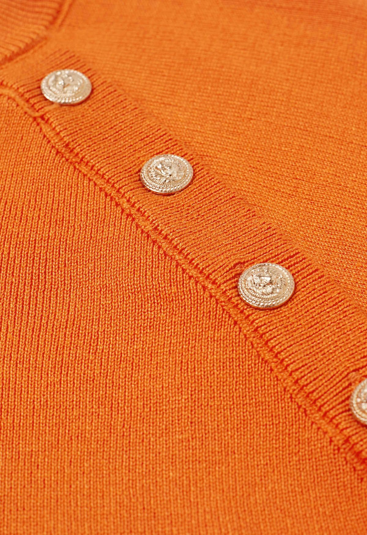 Solid Color Golden Buttoned Knit Top in Orange