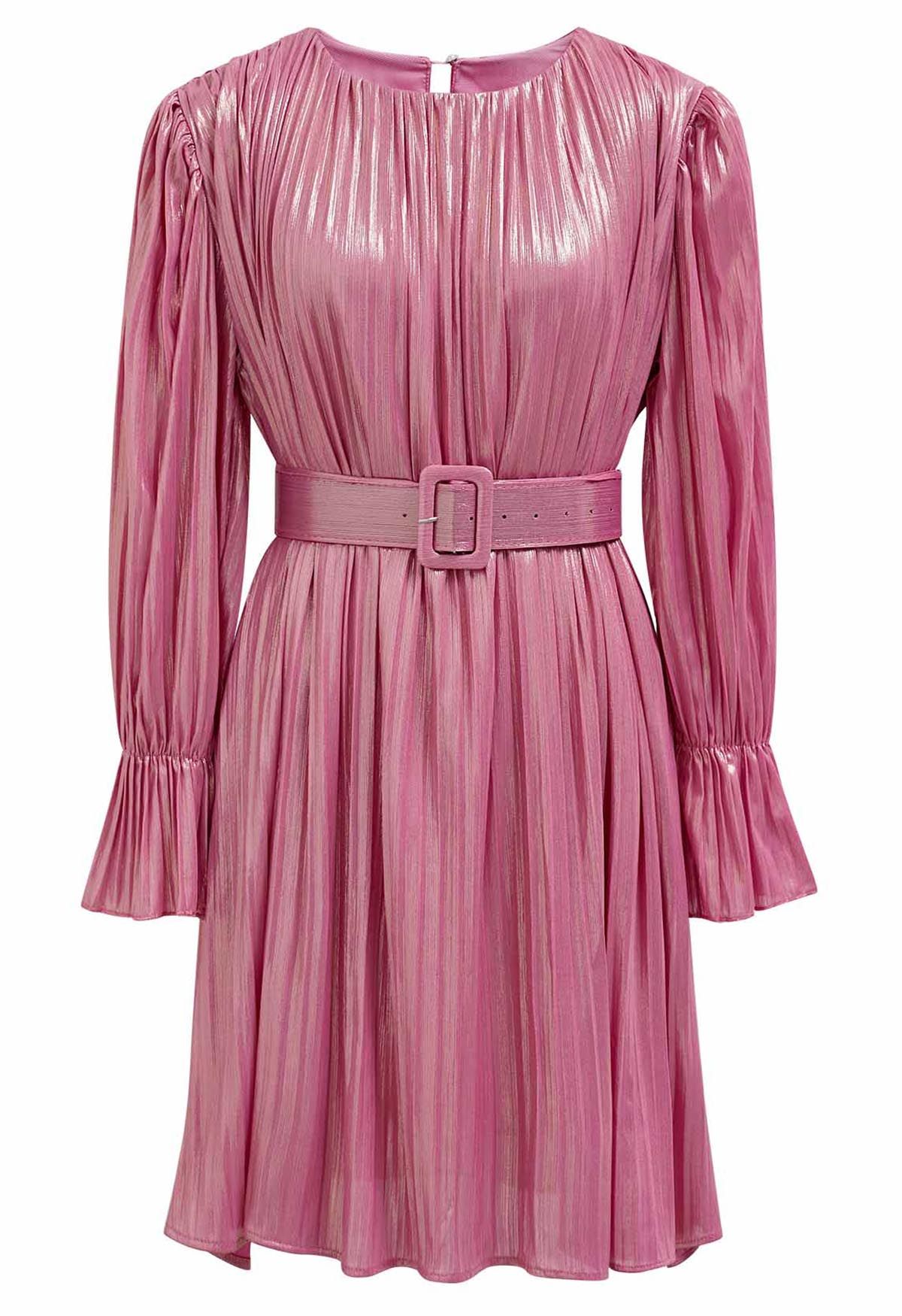 Glamorous Plisse Belted Mini Dress in Pink