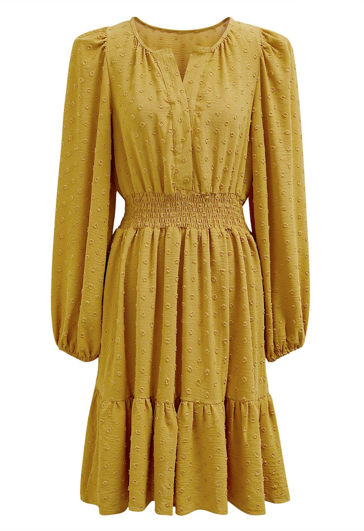 Flock Dot Shirred Waist Frilling Dress in Mustard