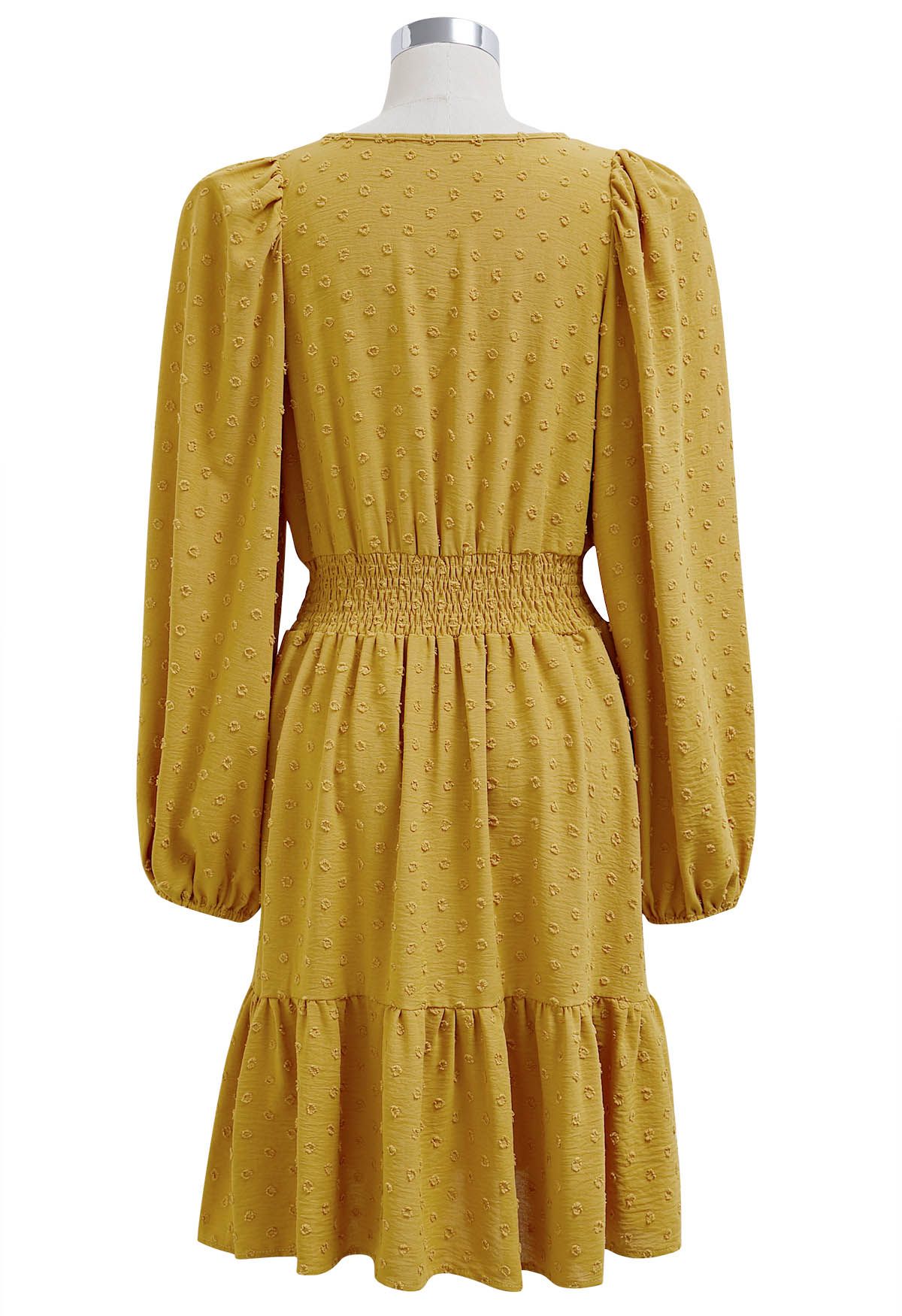 Flock Dot Shirred Waist Frilling Dress in Mustard