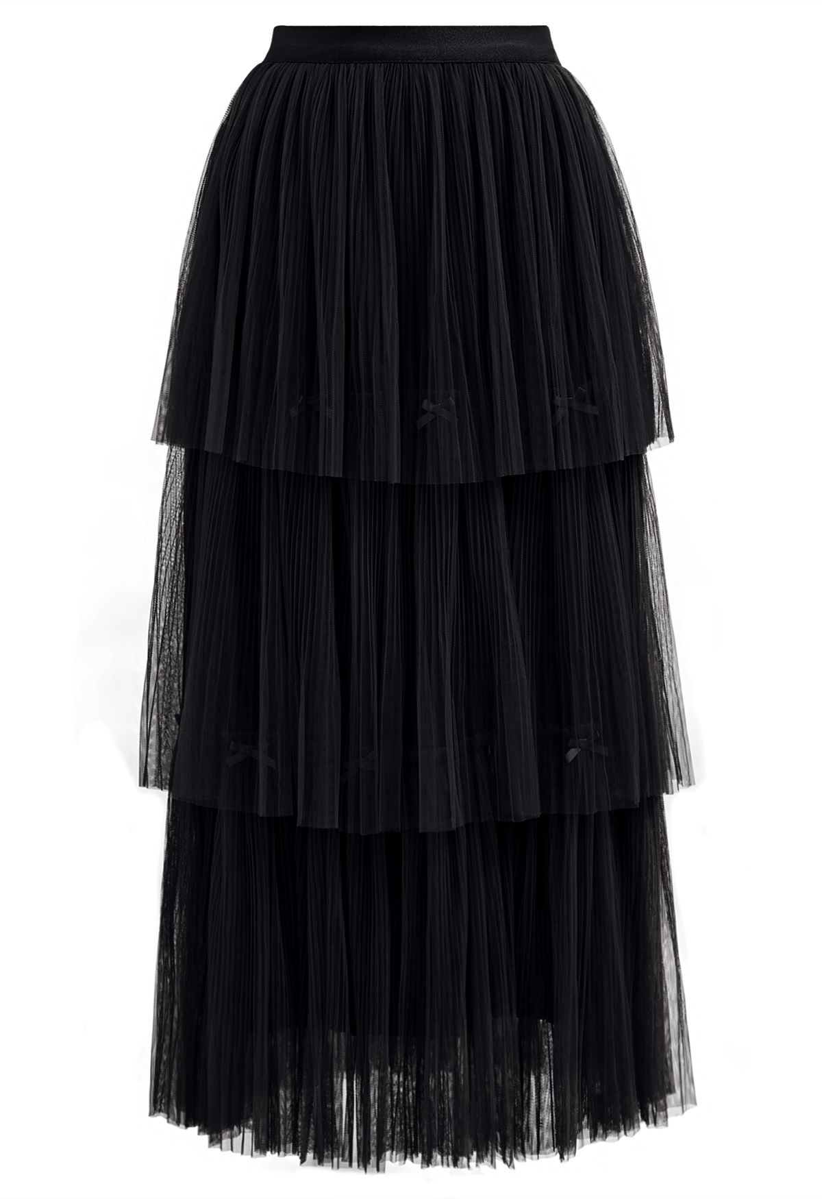 Bowknot Embellished Plisse Tiered Mesh Tulle Skirt in Black - Retro ...
