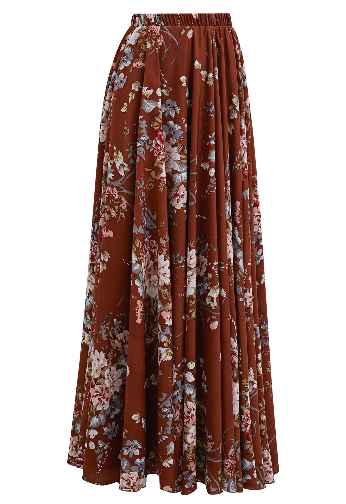Spellbinding Bouquet Chiffon Maxi Skirt in Rust - Retro, Indie and ...