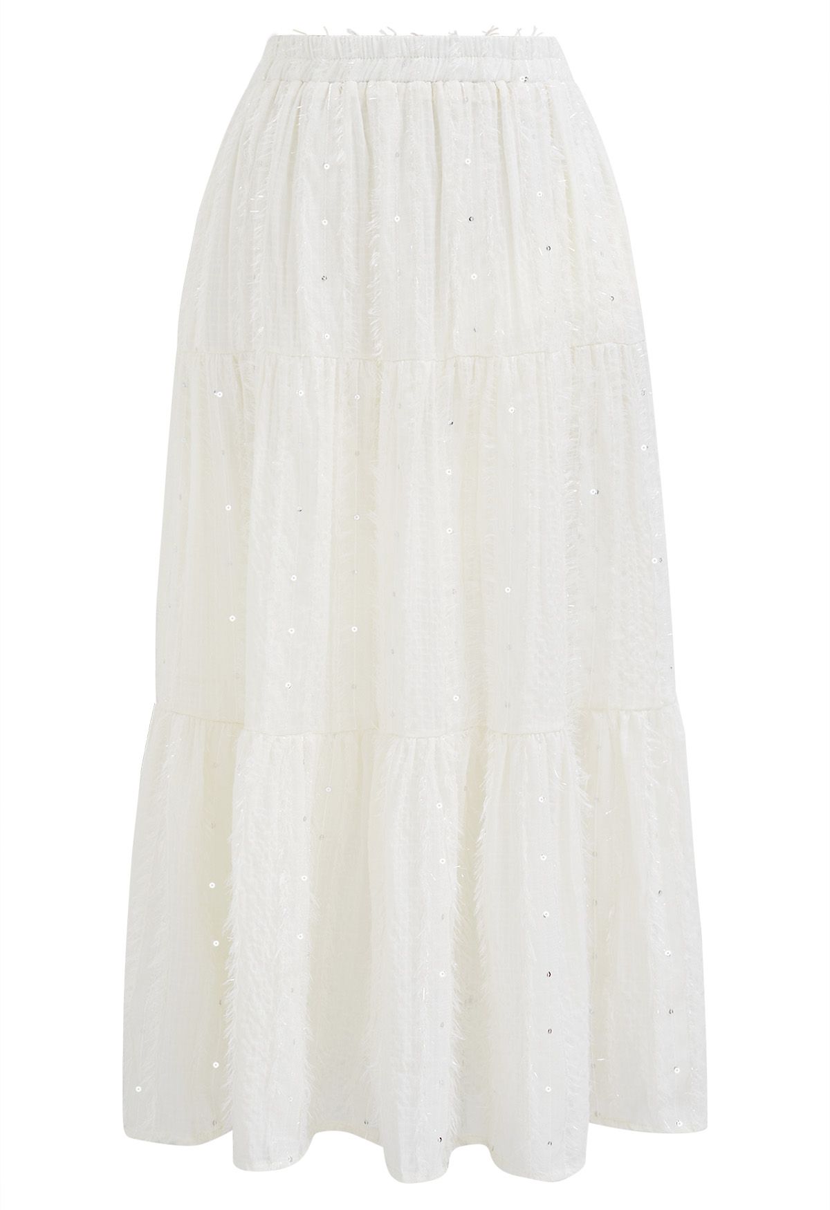 Shimmer Fringe Sequin Midi Skirt in Ivory