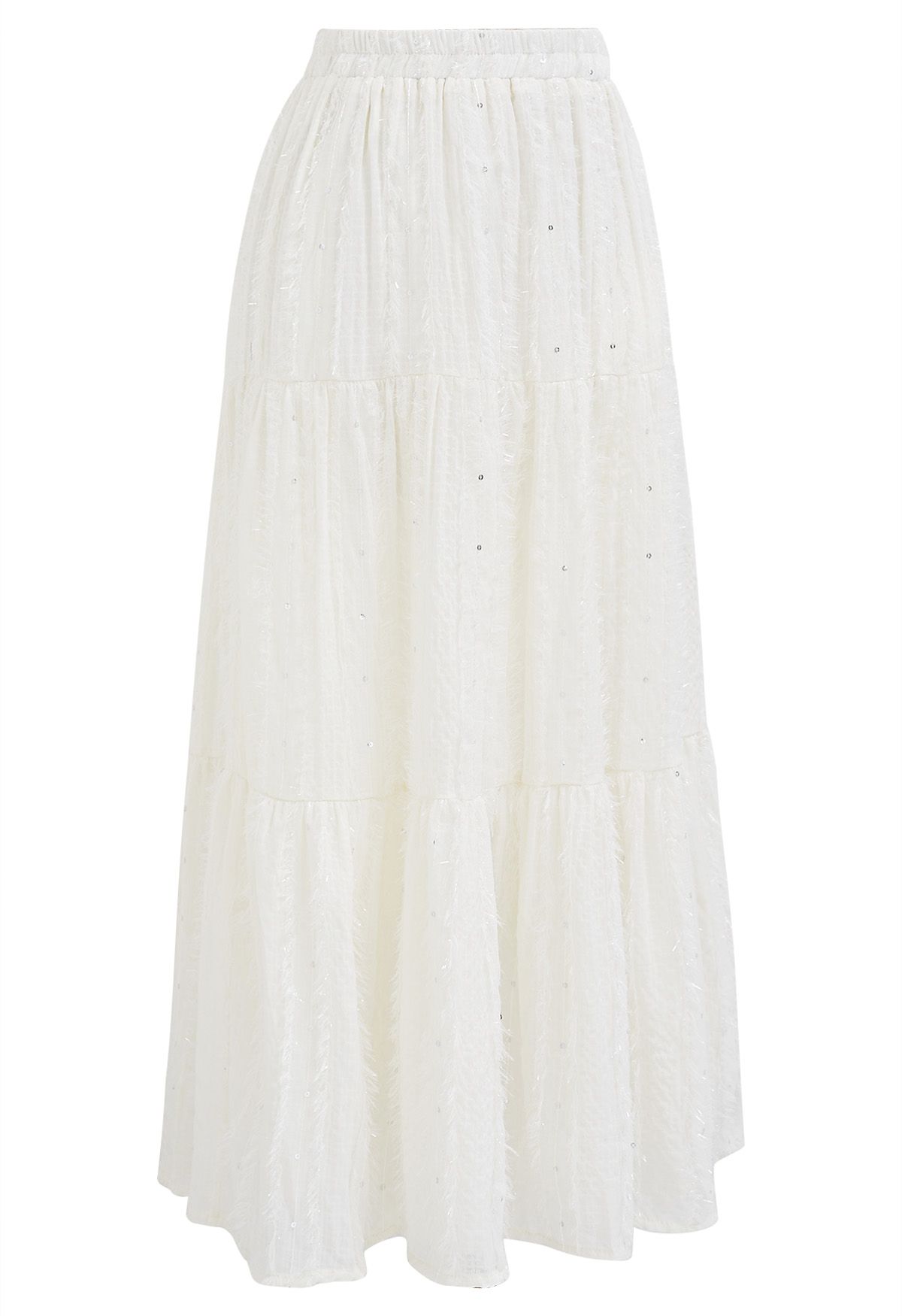 Shimmer Fringe Sequin Midi Skirt in Ivory