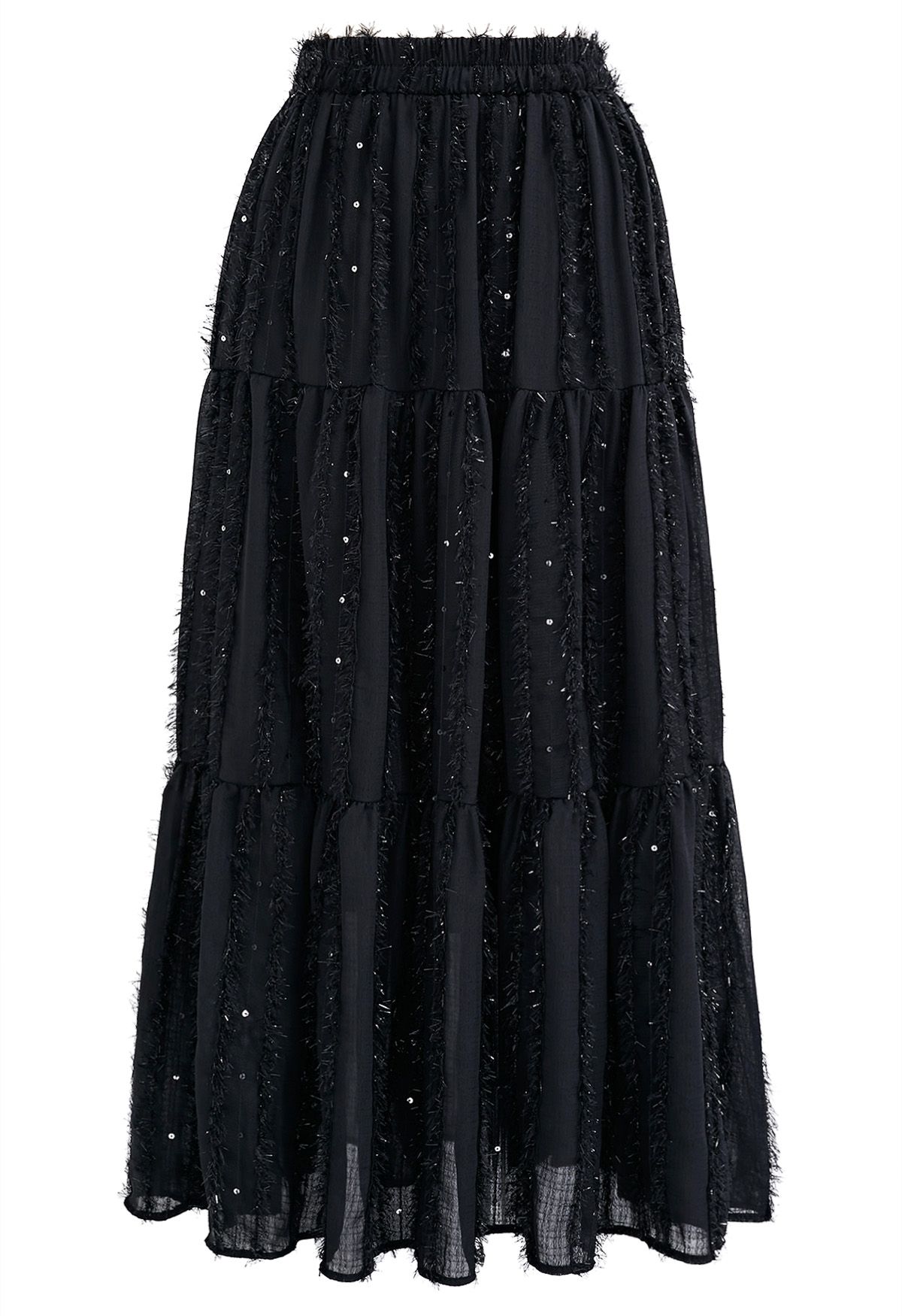 Shimmer Fringe Sequin Midi Skirt in Black