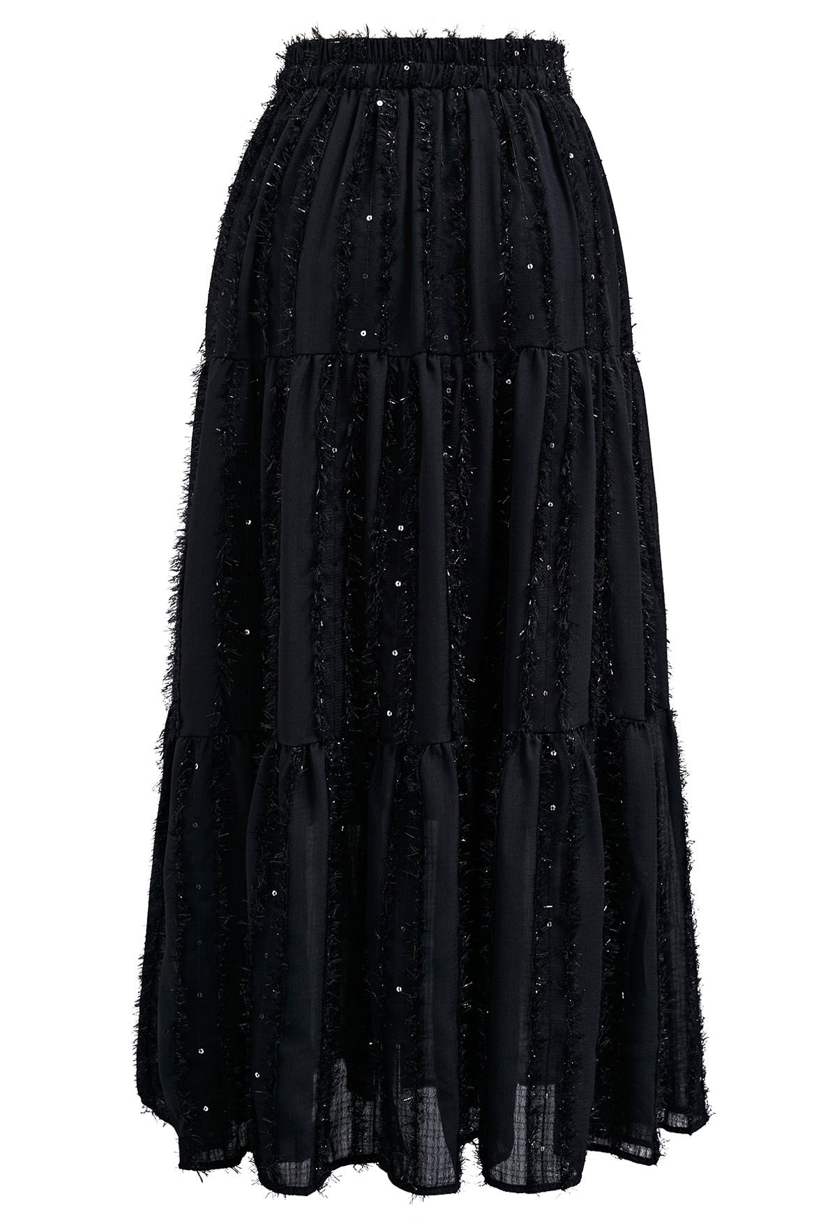 Shimmer Fringe Sequin Midi Skirt in Black