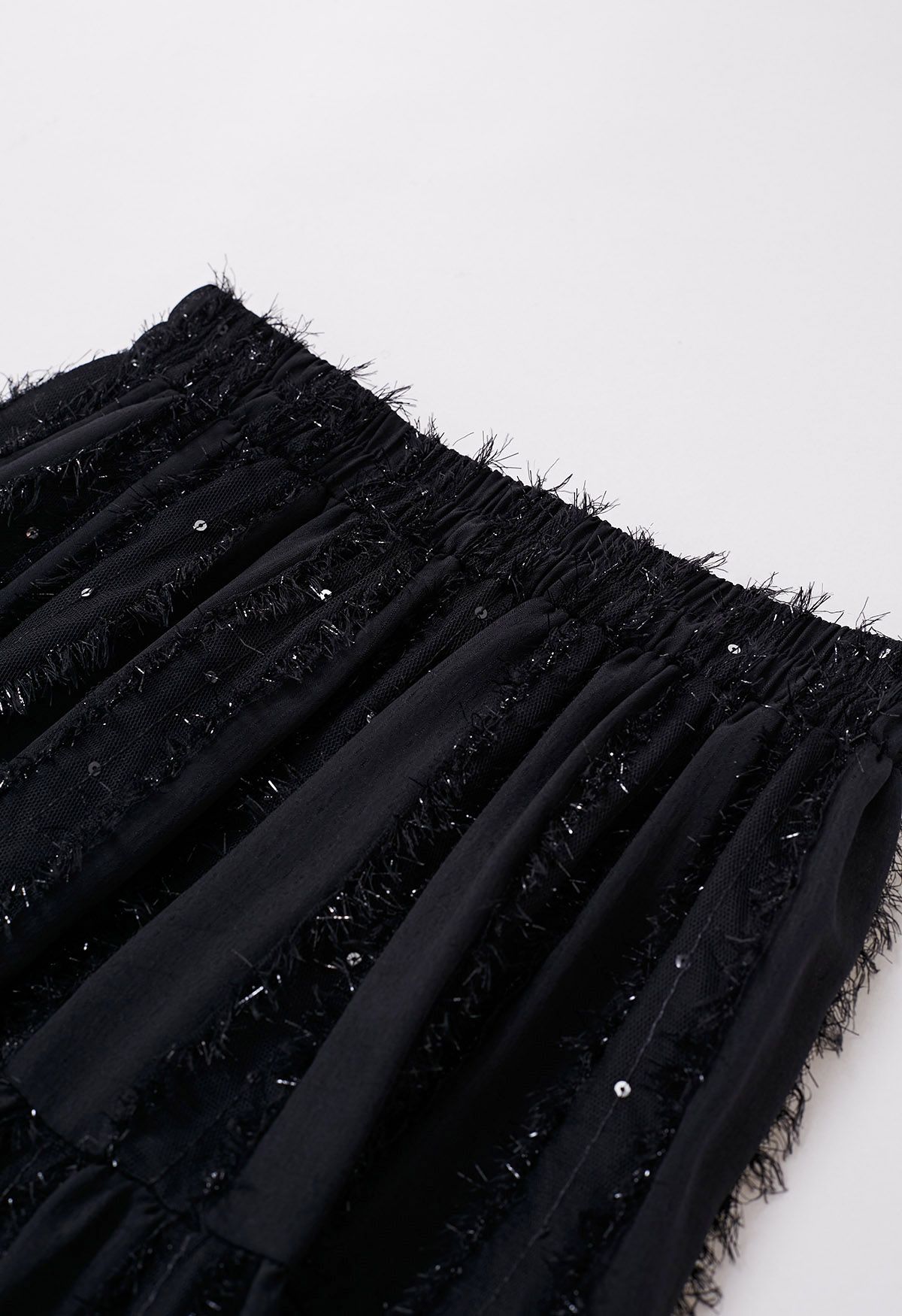 Shimmer Fringe Sequin Midi Skirt in Black