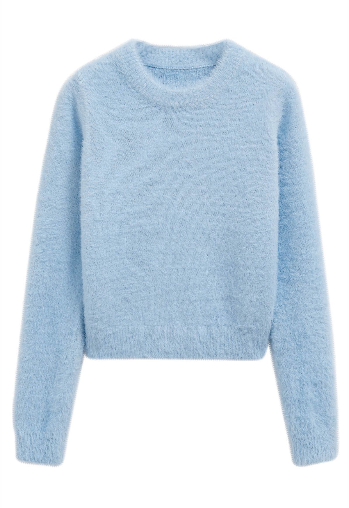 Blue Round Neck Fuzzy Knit Sweater