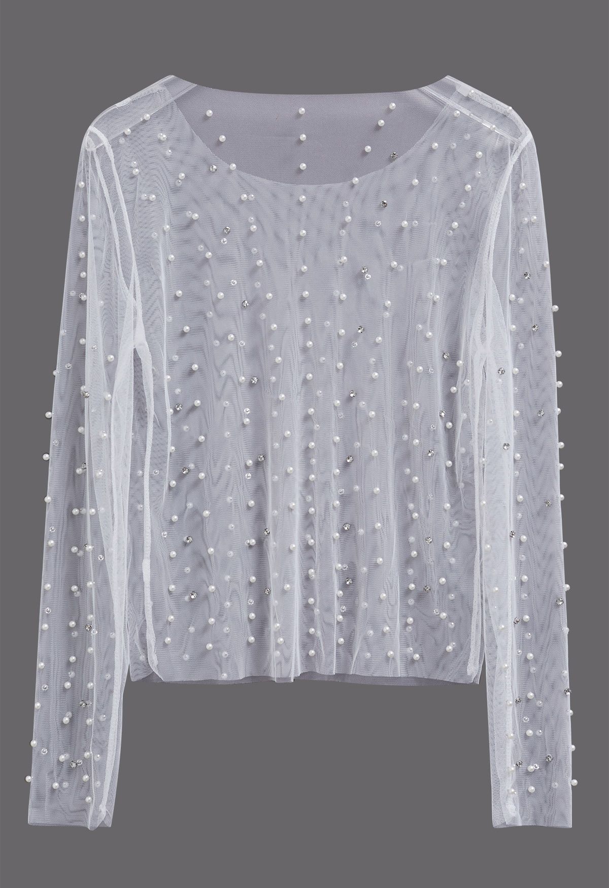 Pearl Rhinestone Sheer Mesh Top in White