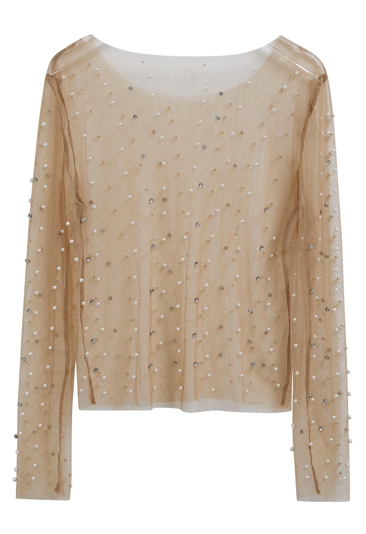 Pearl Rhinestone Sheer Mesh Top in Tan