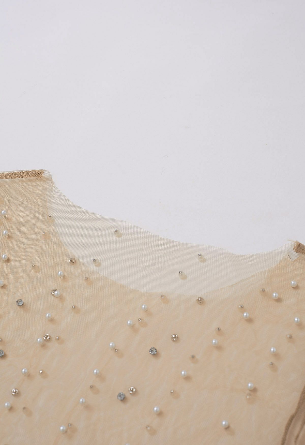 Pearl Rhinestone Sheer Mesh Top in Tan