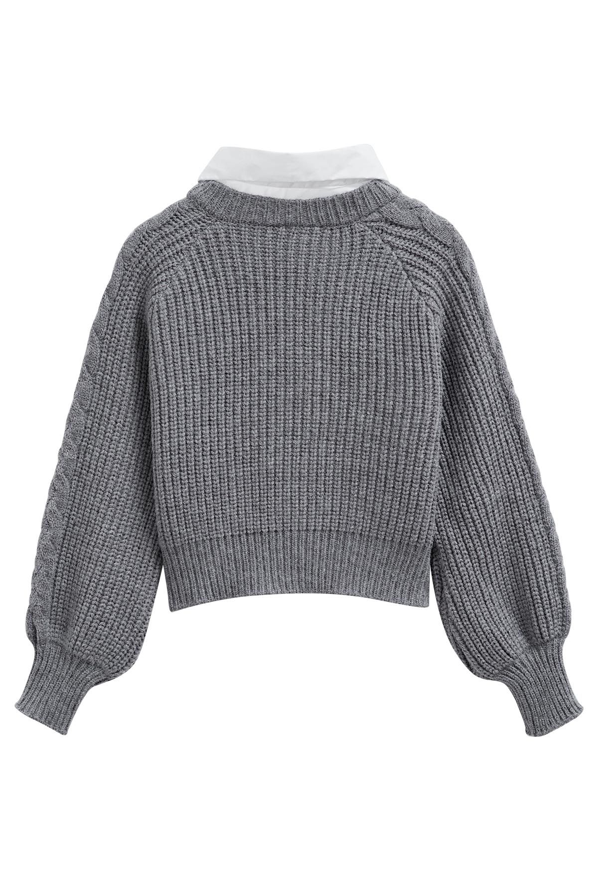 Collar Spliced Cable Knit Sweater in Grey