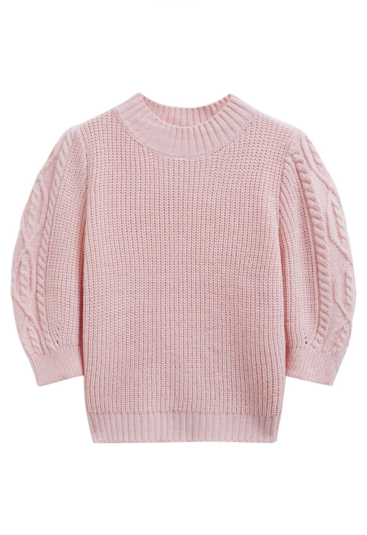 Mock Neck Short Sleeve Knit Sweater in Pink
