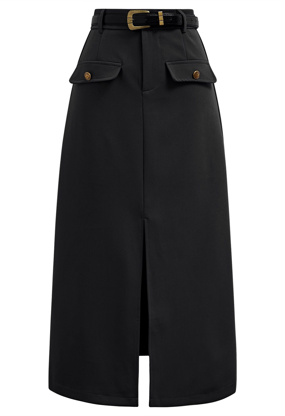 Flap Pockets Front Slit Midi Skirt in Black