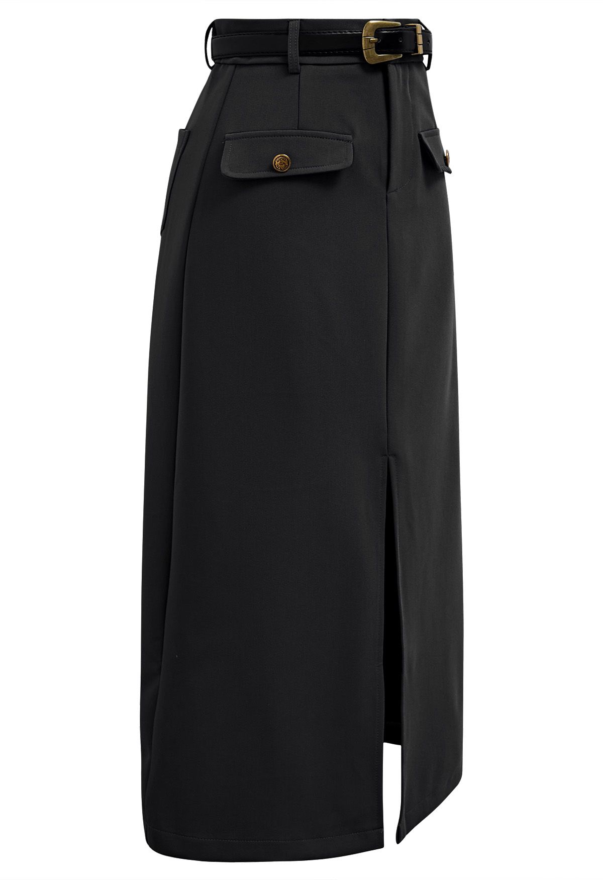 Flap Pockets Front Slit Midi Skirt in Black