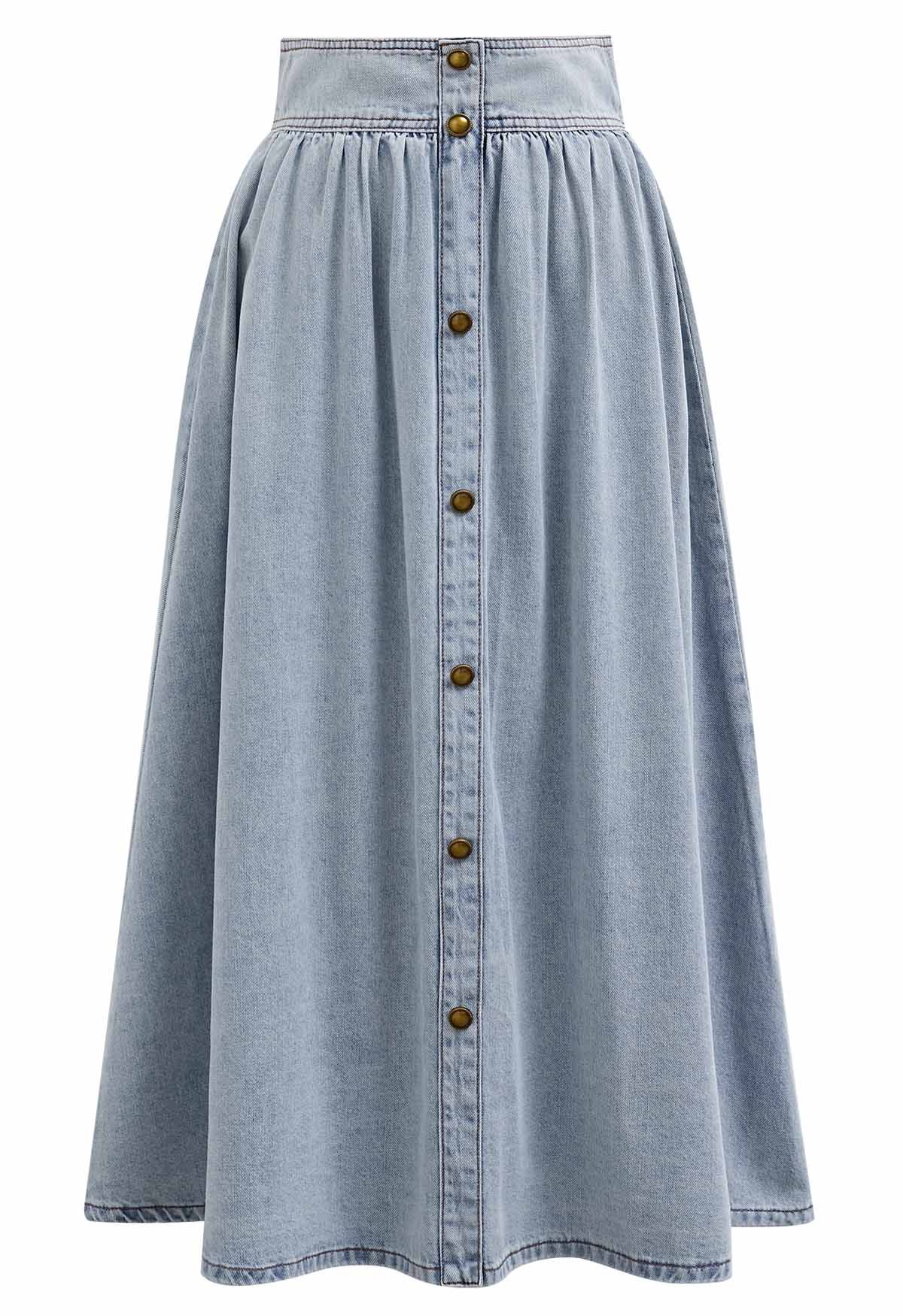 Button Trimmed Denim Midi Skirt in Blue