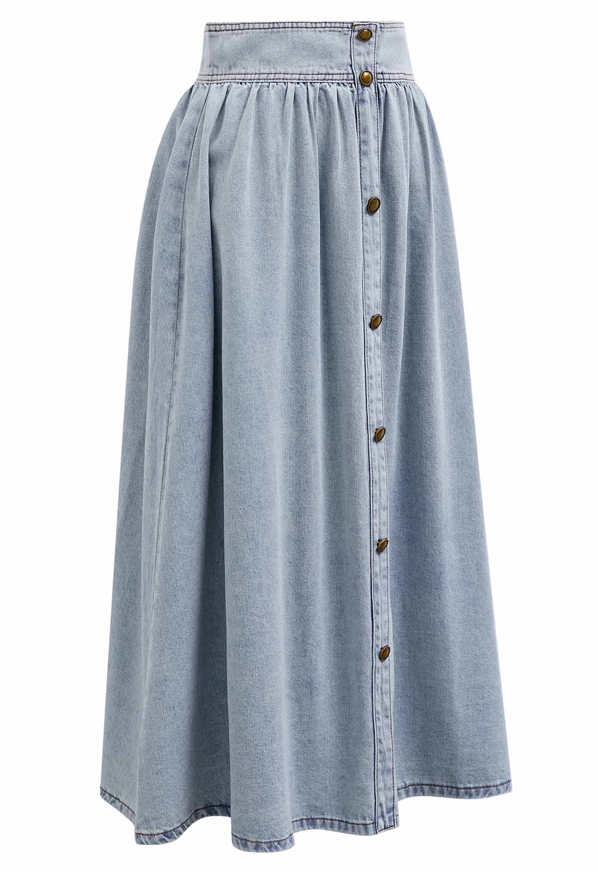 Button Trimmed Denim Midi Skirt in Blue