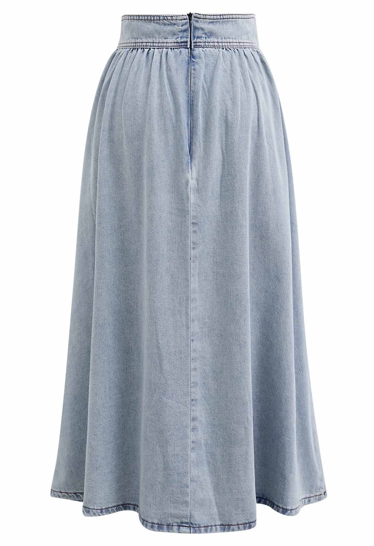 Button Trimmed Denim Midi Skirt in Blue