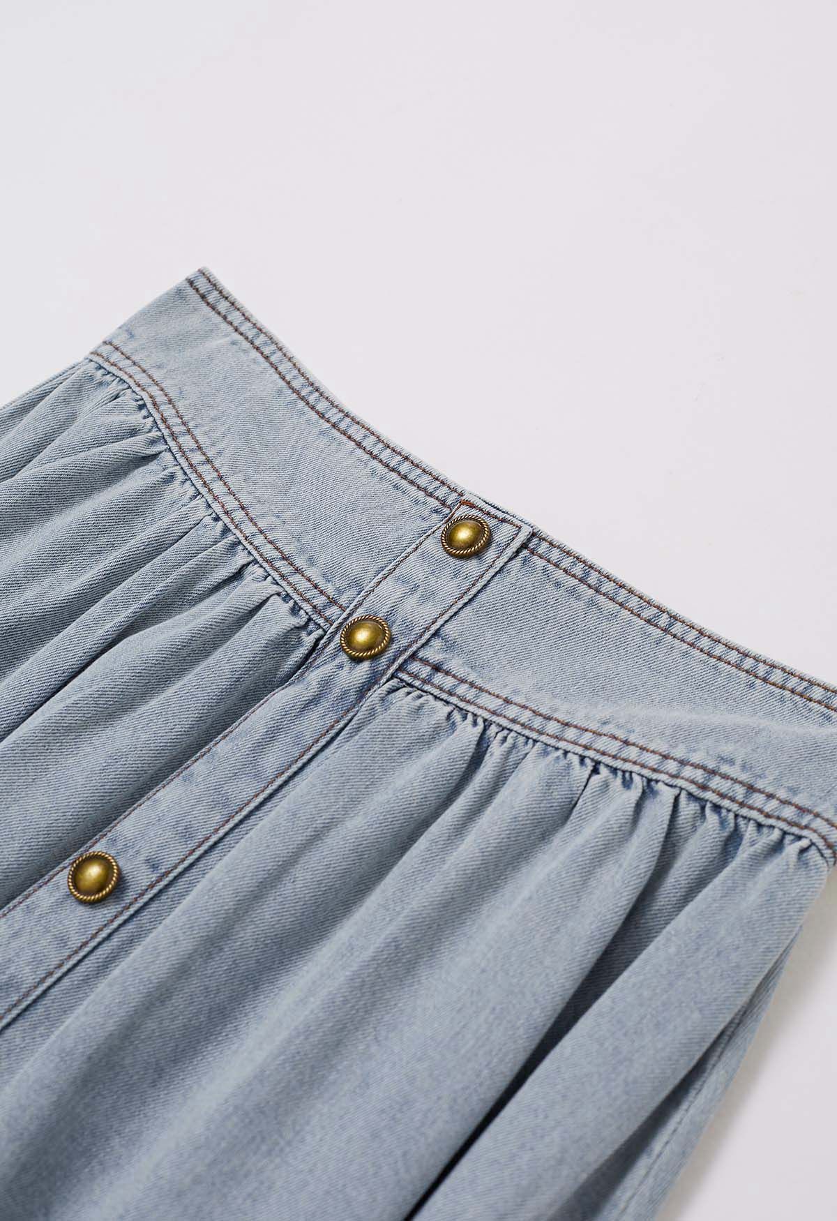 Button Trimmed Denim Midi Skirt in Blue