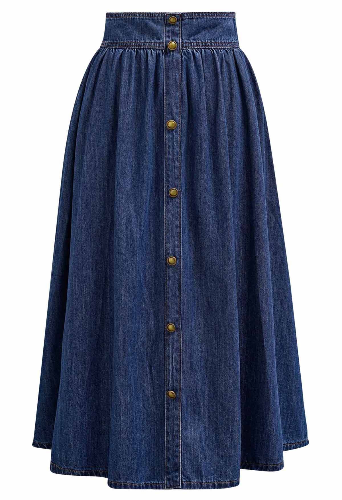 Button Trimmed Denim Midi Skirt in Navy