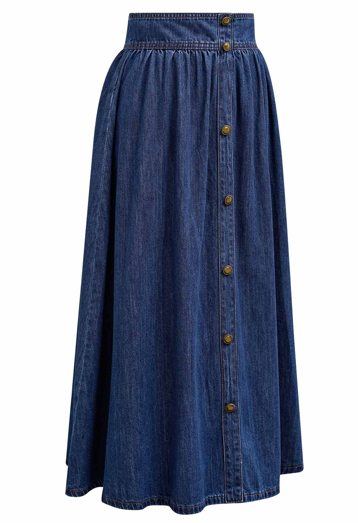 Button Trimmed Denim Midi Skirt in Navy