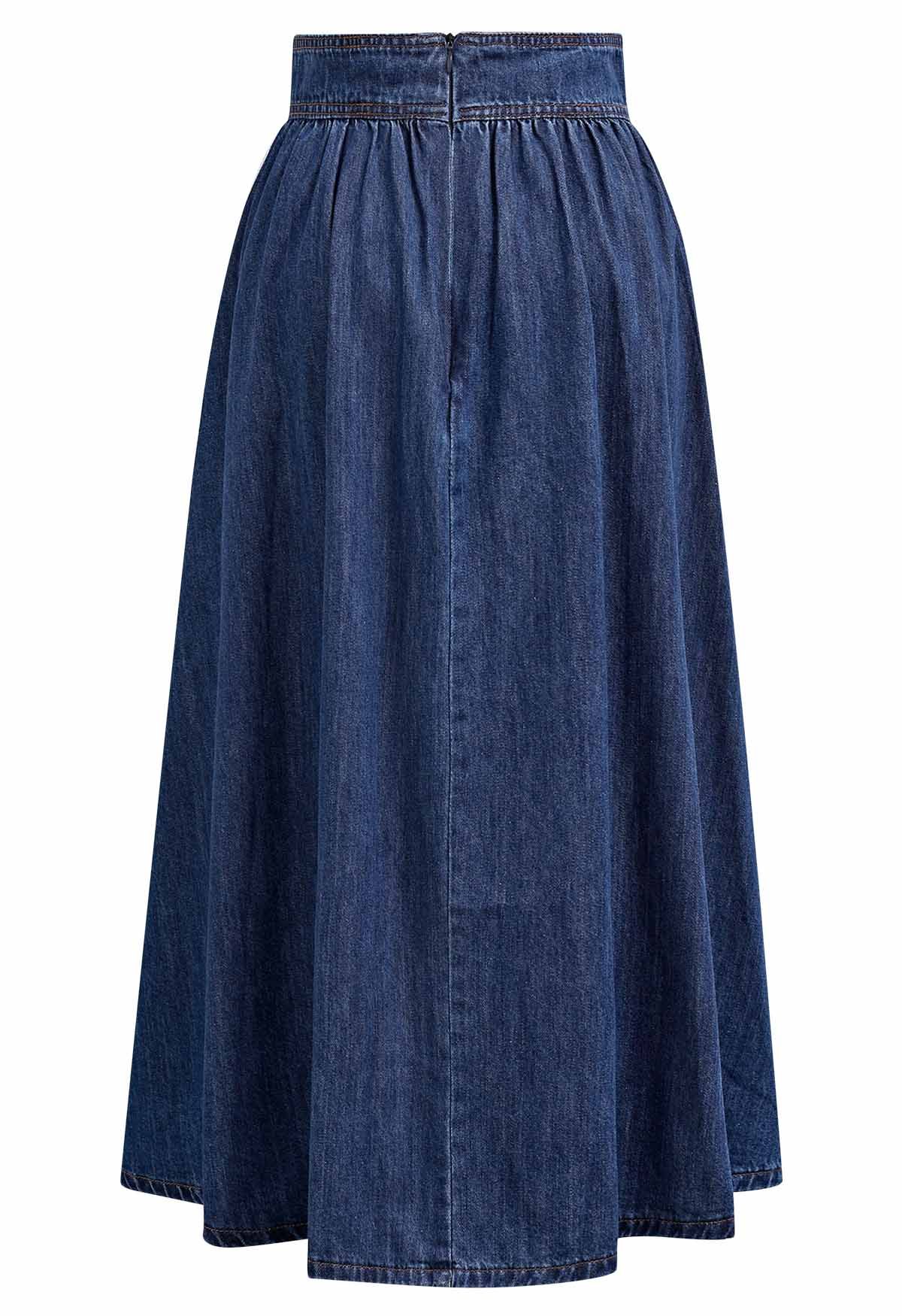 Button Trimmed Denim Midi Skirt in Navy