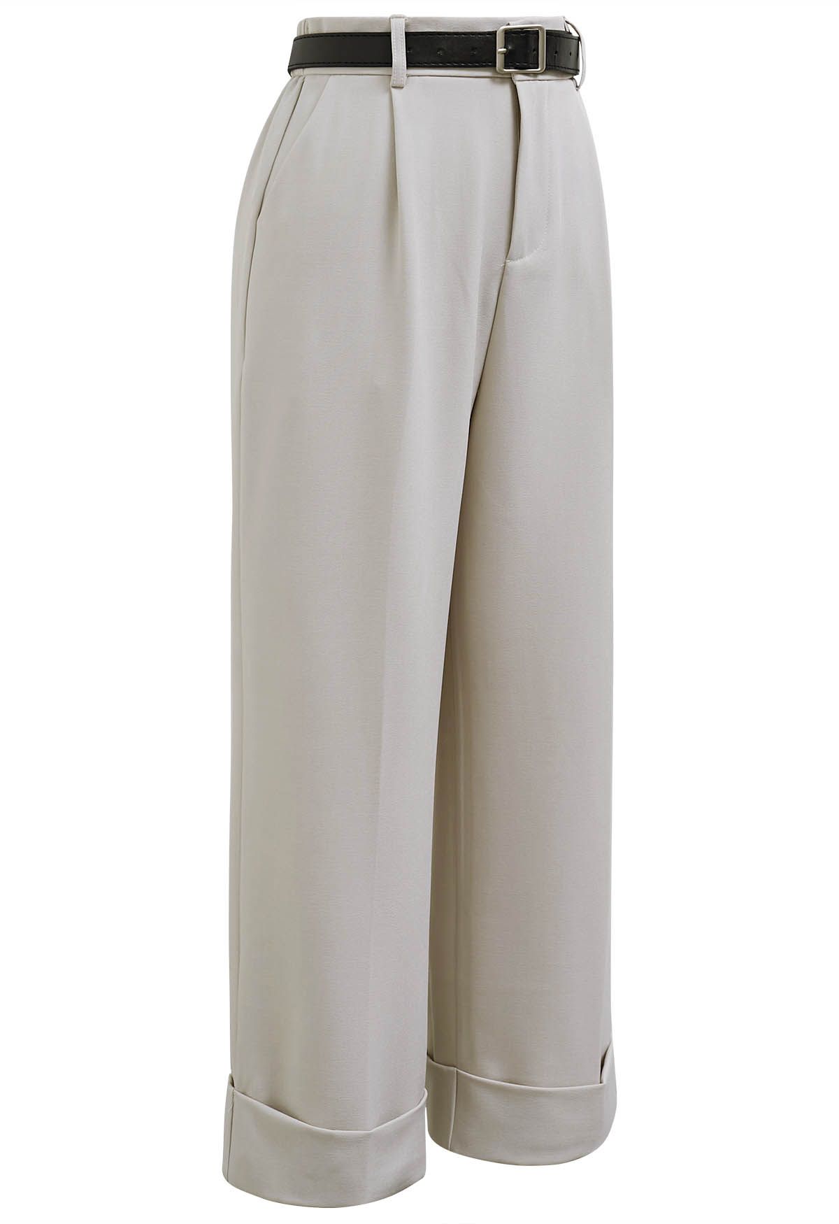 Folded Hem Belted Straight-Leg Pants