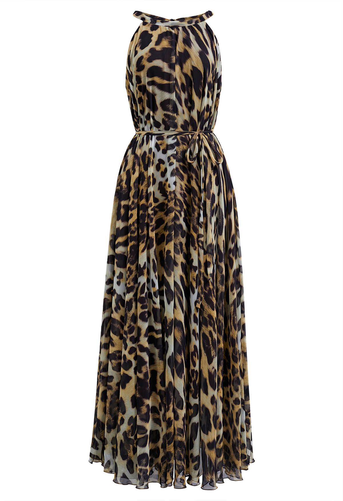 Alluring Animal Print Halter Neck Chiffon Maxi Dress