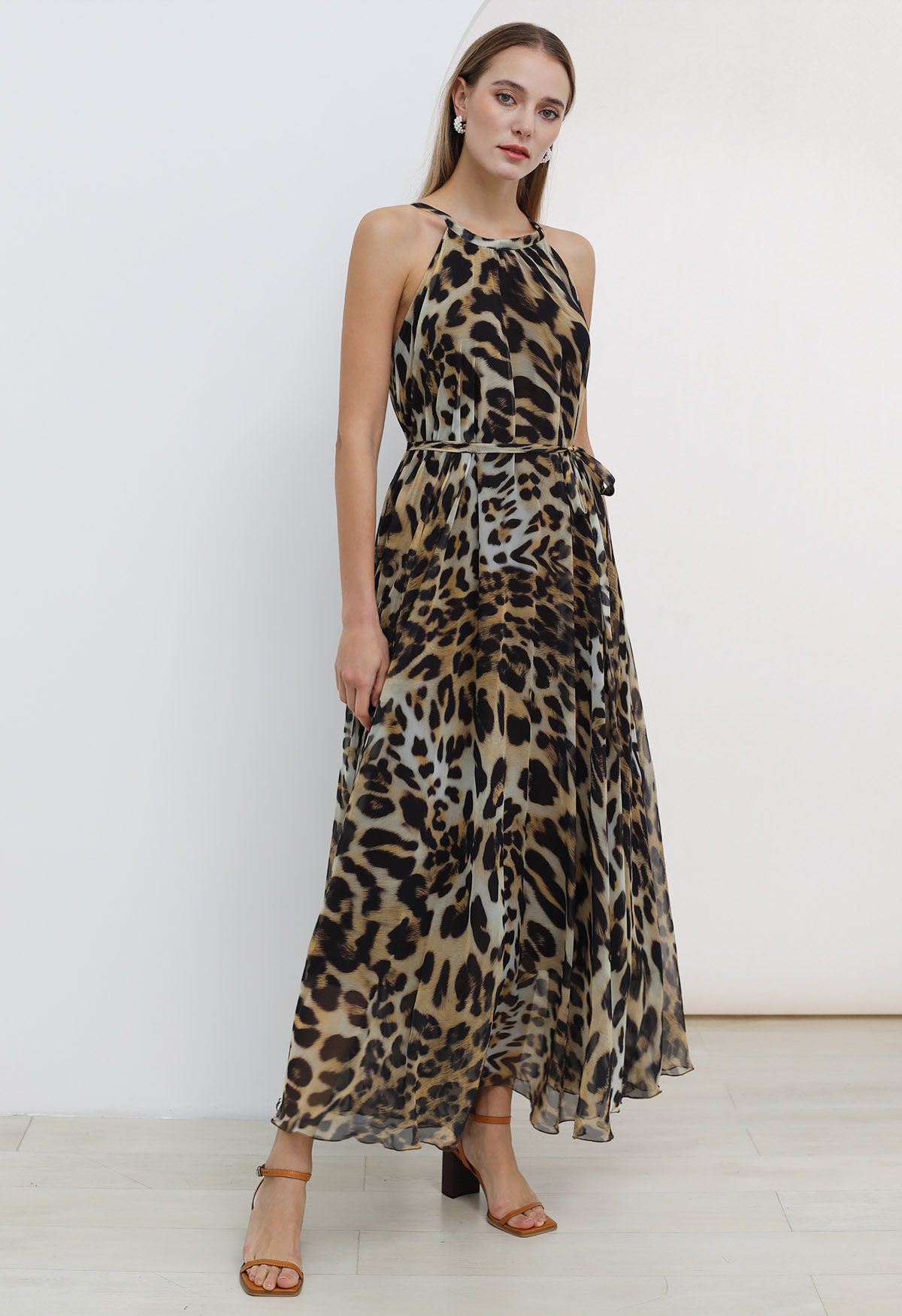 Alluring Animal Print Halter Neck Chiffon Maxi Dress