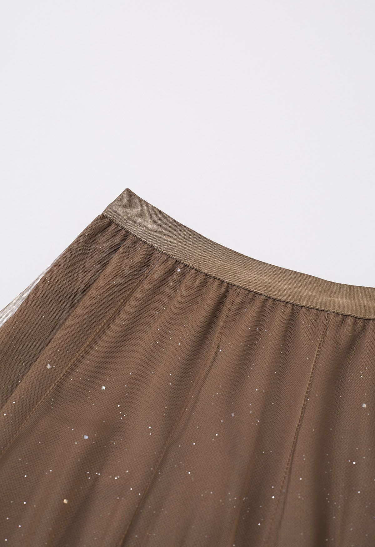 Venus Glitter Mesh Tulle Midi Skirt in Caramel