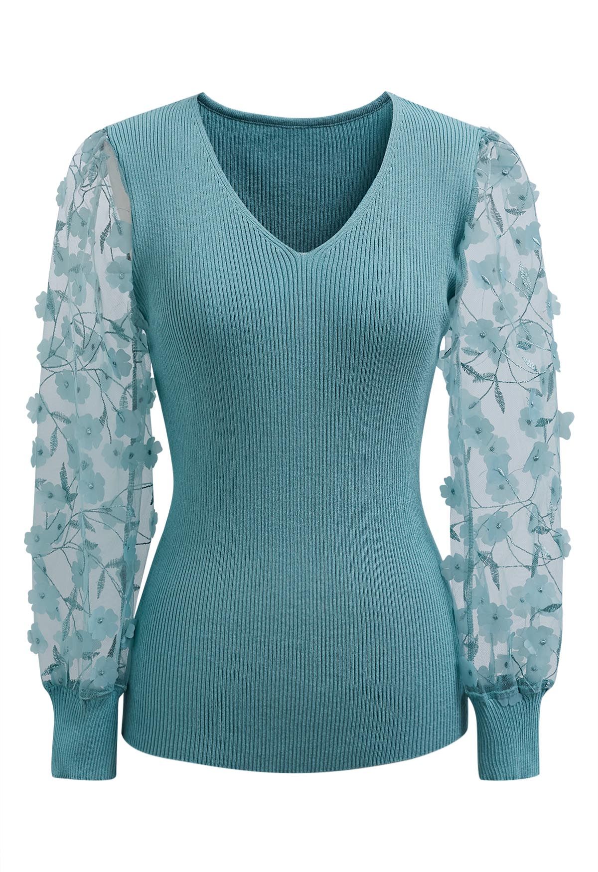 3D Floret Mesh Sleeves Spliced Knit Top in Teal - Retro, Indie and Unique  Fashion