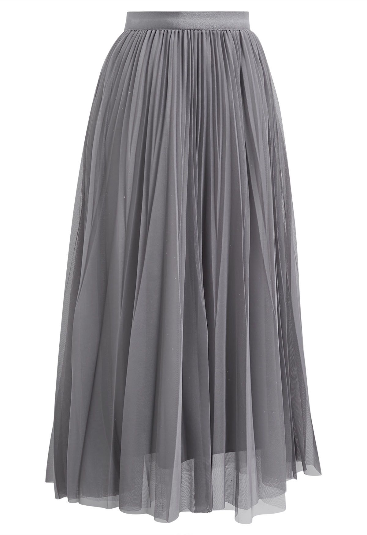 Glitter Trim Pleated Mesh Tulle Skirt in Grey