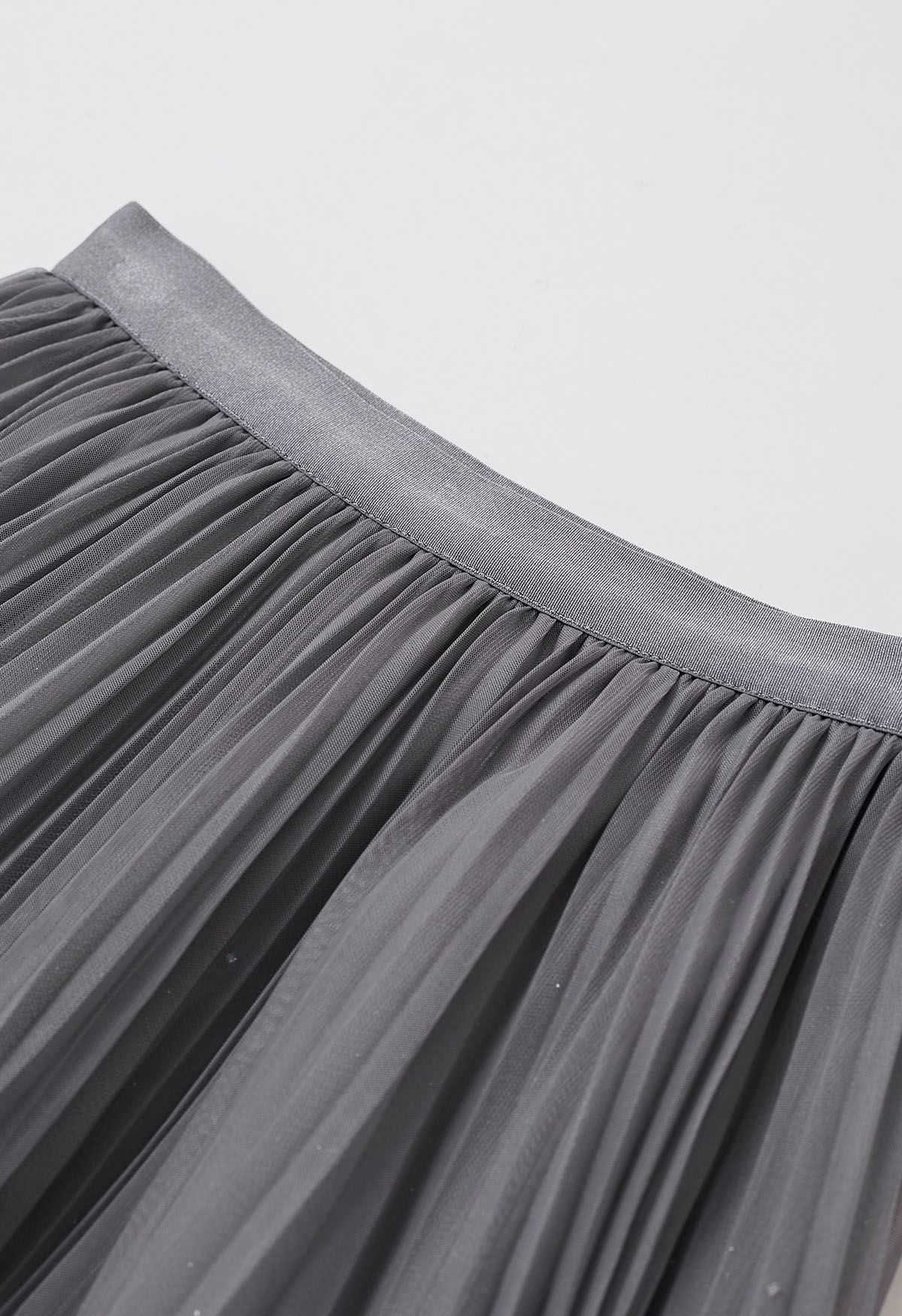 Glitter Trim Pleated Mesh Tulle Skirt in Grey