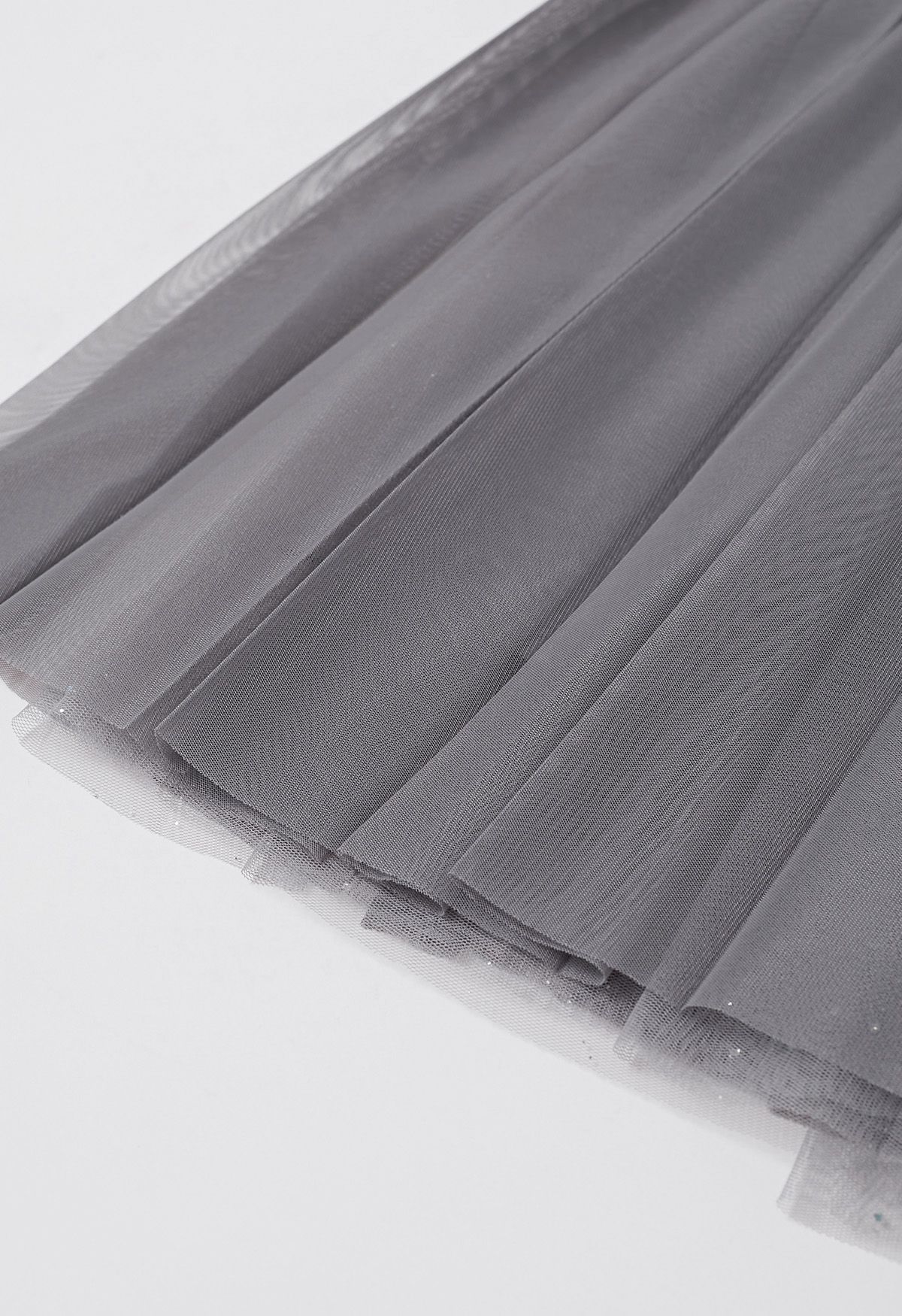 Glitter Trim Pleated Mesh Tulle Skirt in Grey