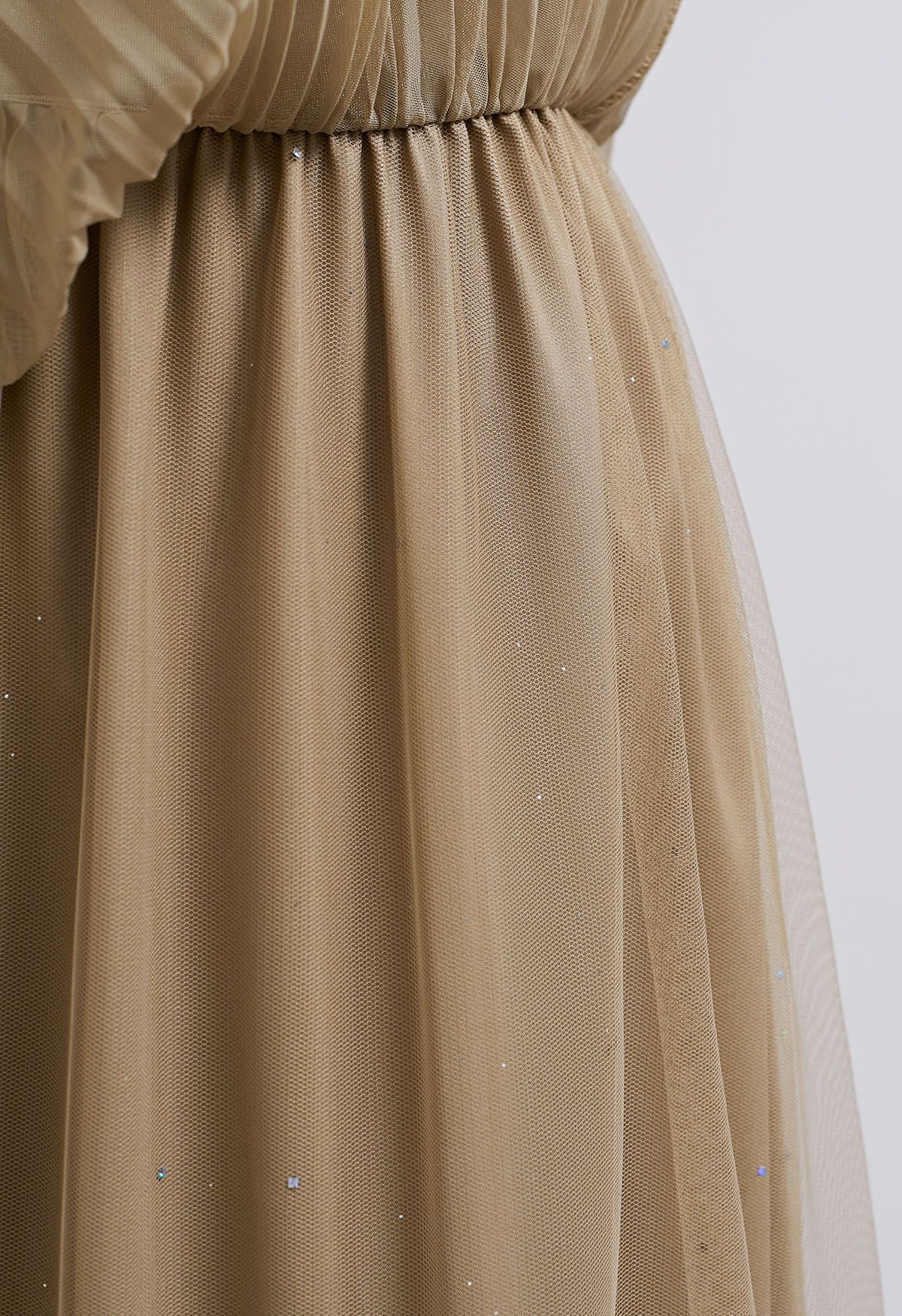 Glitter Trim Pleated Mesh Tulle Skirt in Brown