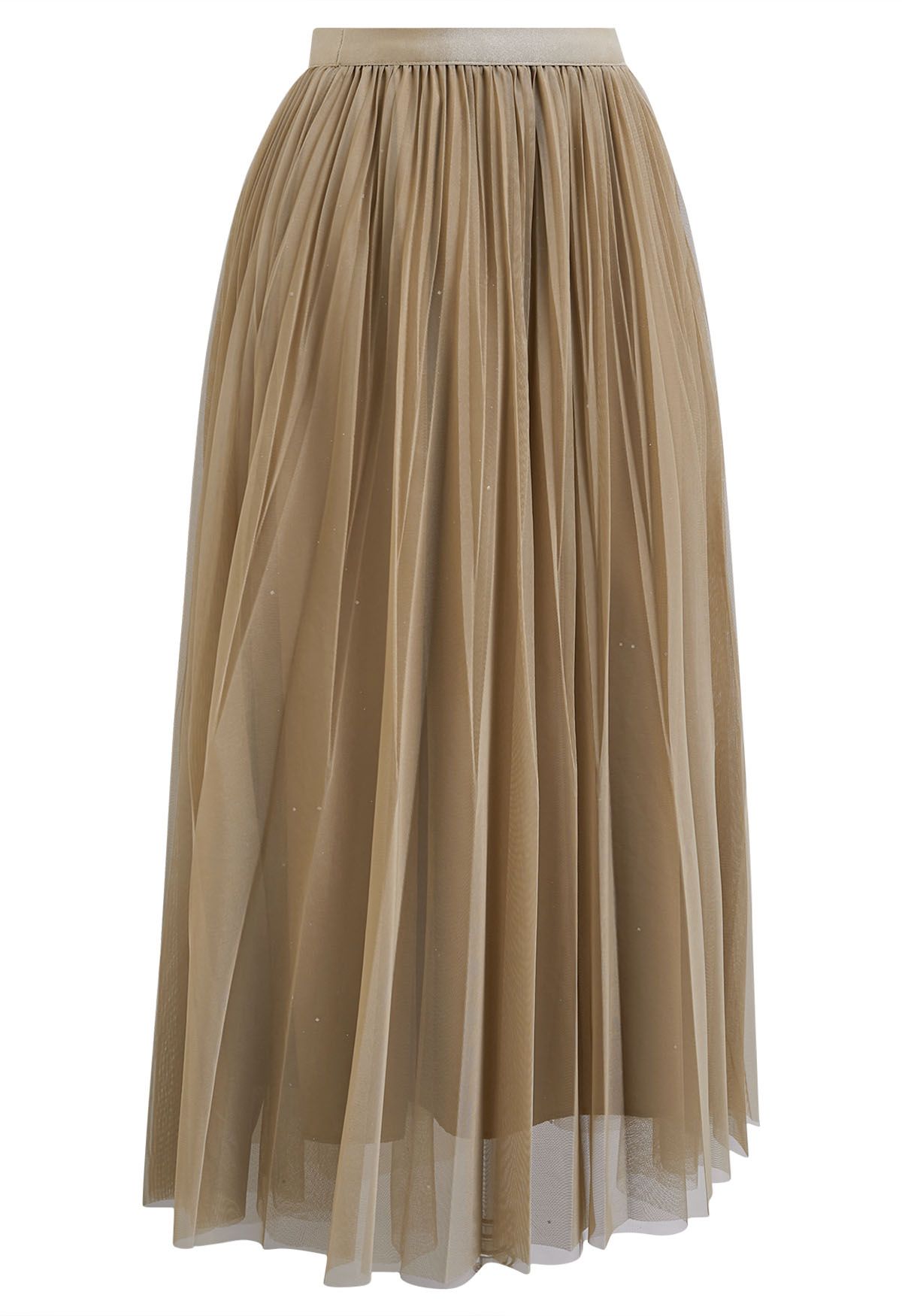 Glitter Trim Pleated Mesh Tulle Skirt in Brown