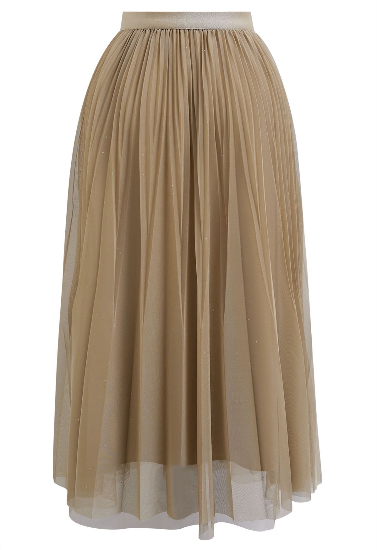 Glitter Trim Pleated Mesh Tulle Skirt in Brown